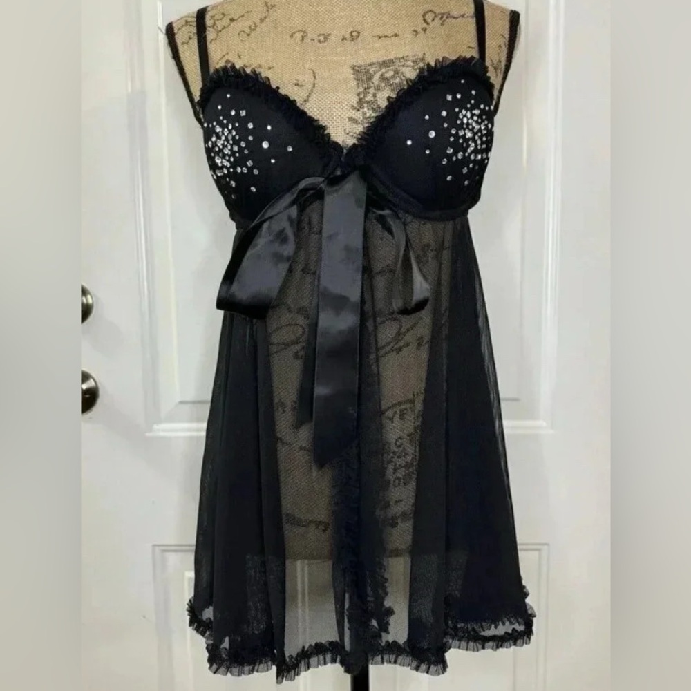 Victoria's Secret Sexy Little Things Babydoll Lingerie Black Rhinestones 36C